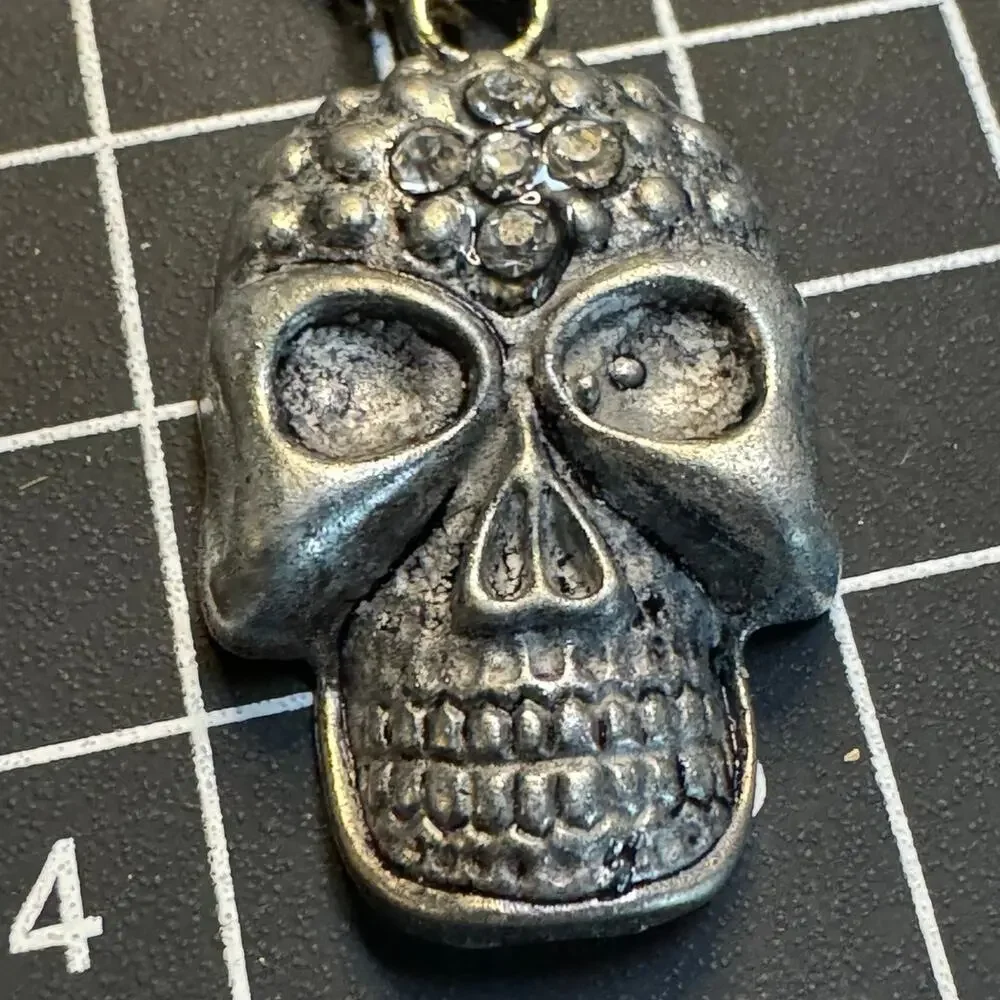 Silver Tone Skull Pendant Necklace Rhinestone Accent Gold Chain Goth Emo Punk